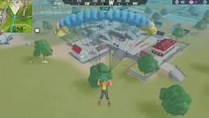 Free Fire gameplay screenshot of a character parachuting over a town
